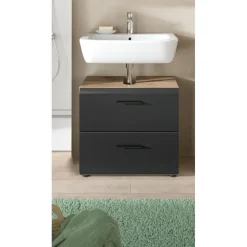 Hioshop Ice wastafel 2 lades zwart mat- eiken decor