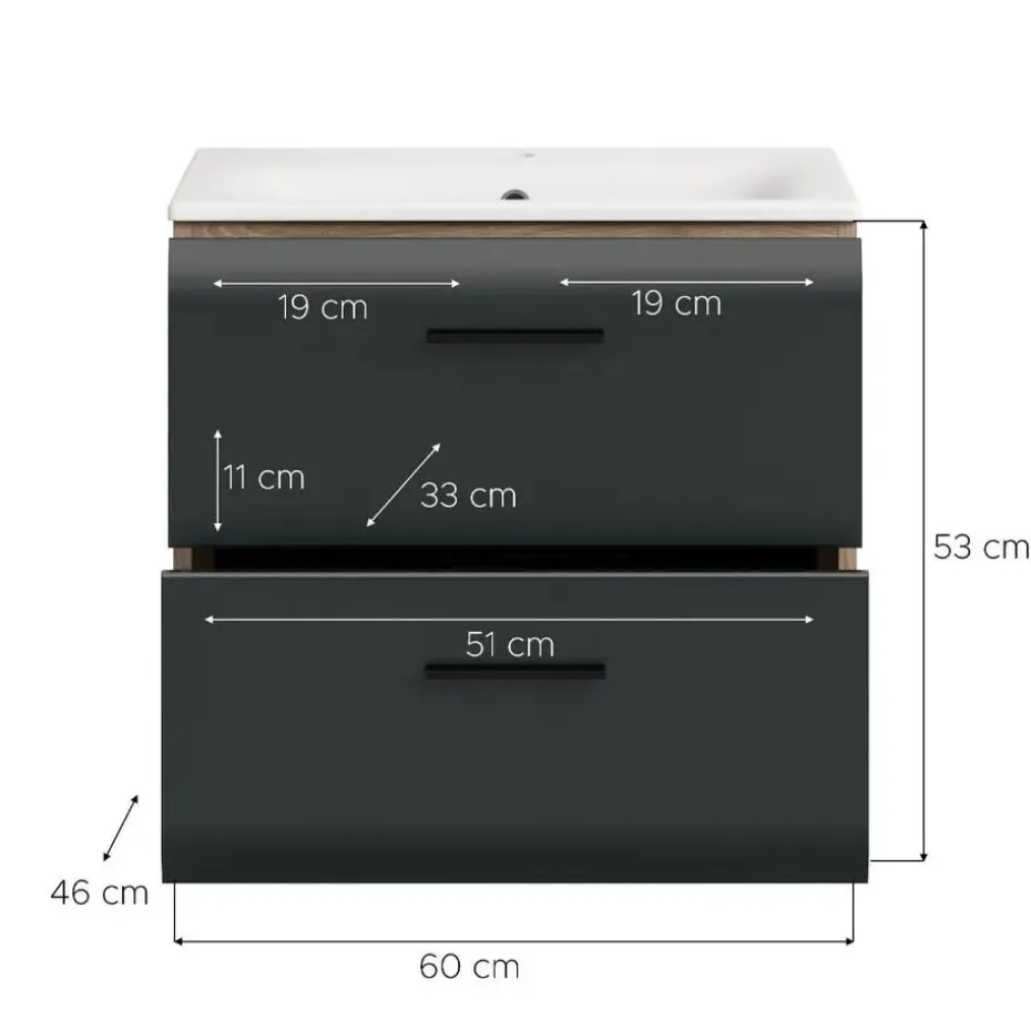 Hioshop Ice wastafel inclusief was 2 lades zwart mat- eiken decor