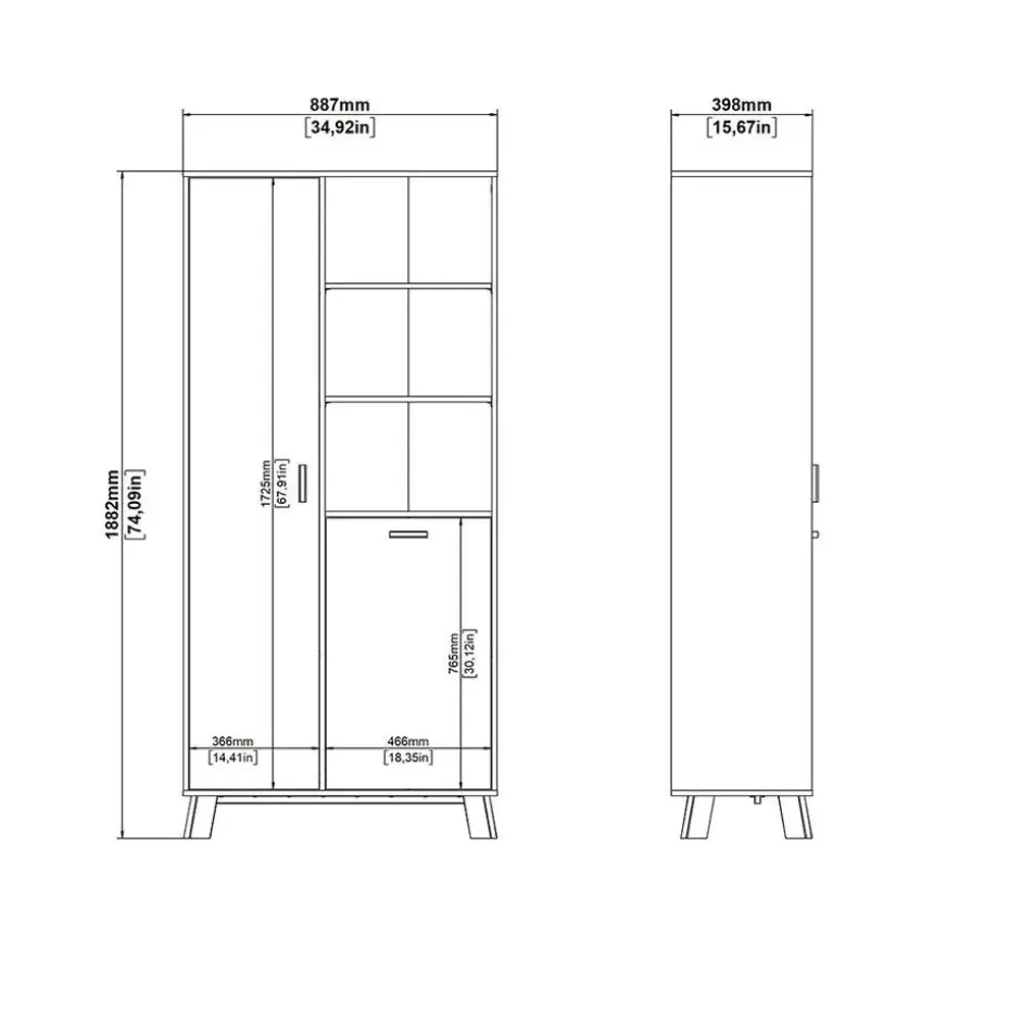 Hioshop Ikast vitrinekast 2 deuren- 3 planken eiken decor- wit