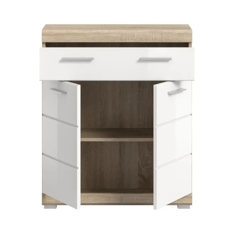 Hioshop Lambada badkamerkast 2 deuren- 1 lade wit hoogglans- eiken decor