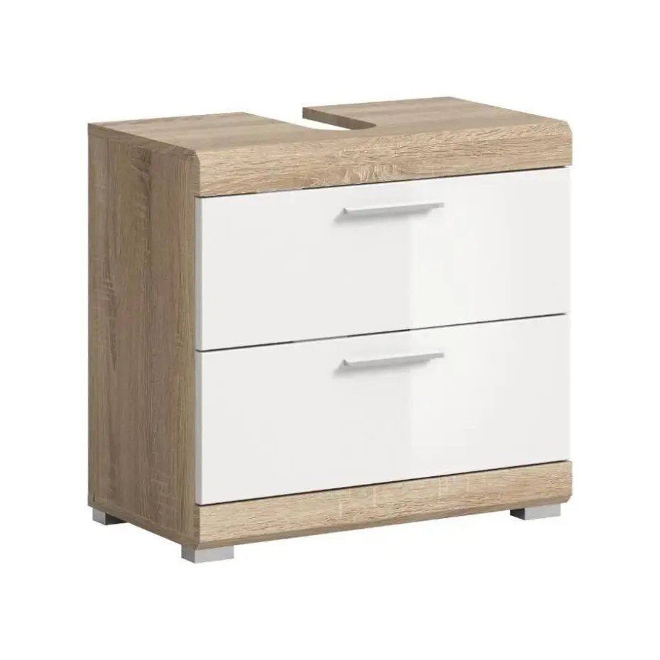 Hioshop Lambada wastafel 2 deuren- 2 lades- 2 planken wit hoogglans- eiken