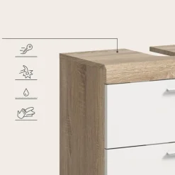 Hioshop Lambada wastafel 2 deuren- 2 lades- 2 planken wit hoogglans- eiken