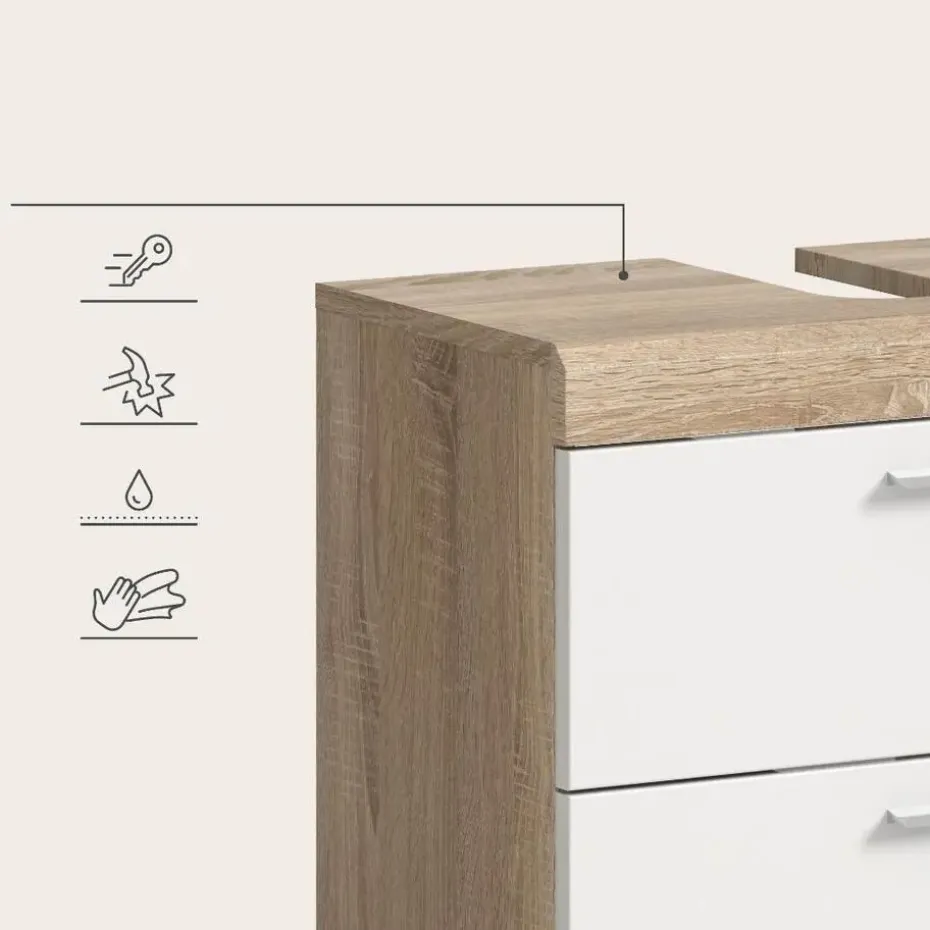 Hioshop Lambada wastafel 2 deuren- 2 lades- 2 planken wit hoogglans- eiken