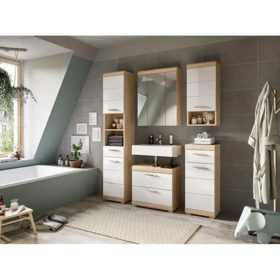 Hioshop Lambada wastafel 2 deuren- 2 lades- 2 planken wit hoogglans- eiken