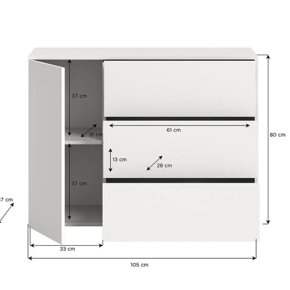 Hioshop Loft dressoir 3 laden 1 deur wit