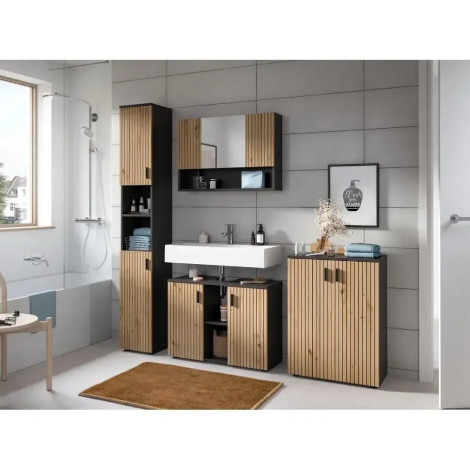 Hioshop Mone badkamerkast 2 deuren eiken decor- donkergrijs