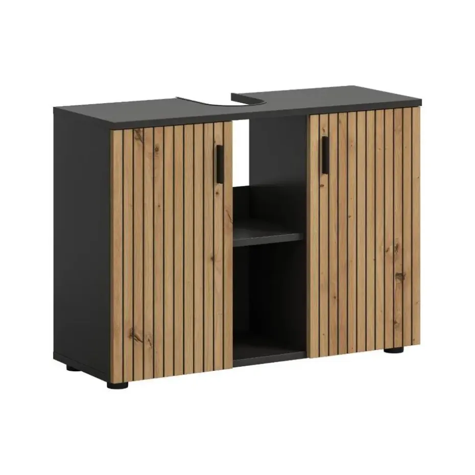Hioshop Mone wastafel 2 deuren- 2 planken eiken decor- donkergrijs