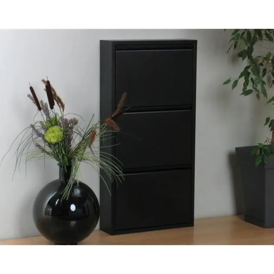 Hioshop Pisa schoenenkast zwart metaal met 3 vakken