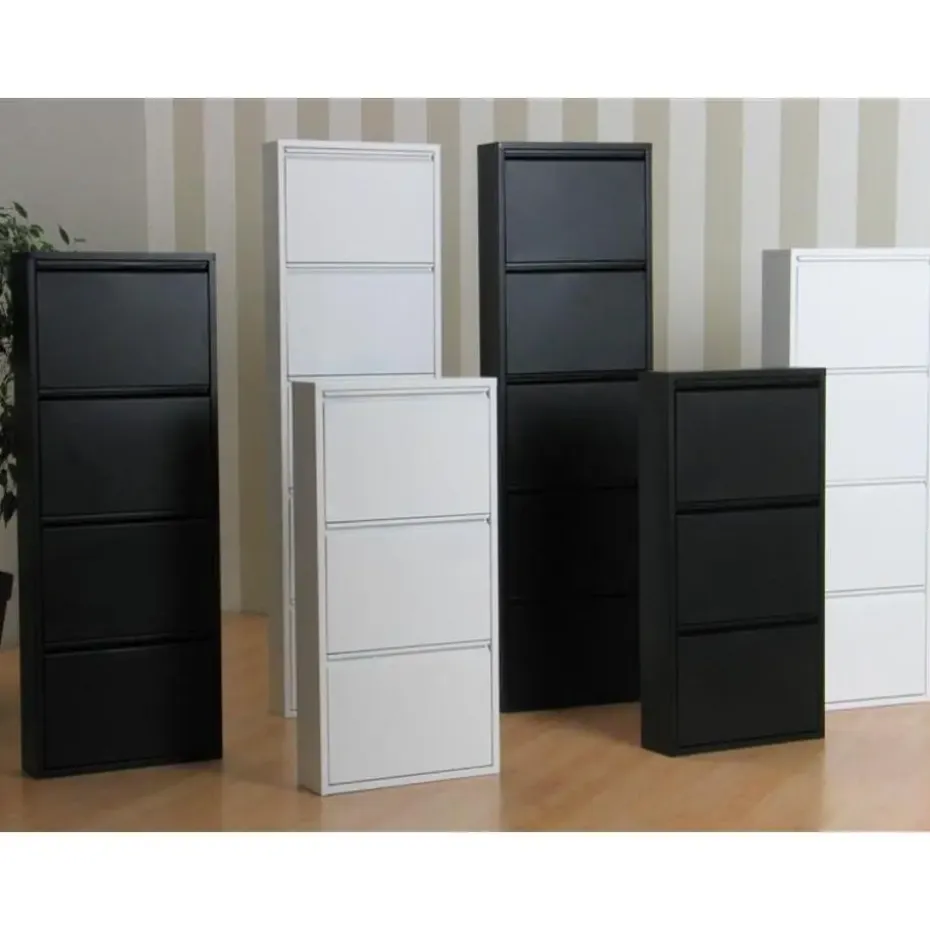 Hioshop Pisa schoenenkast zwart metaal met 4 vakken - set van 3