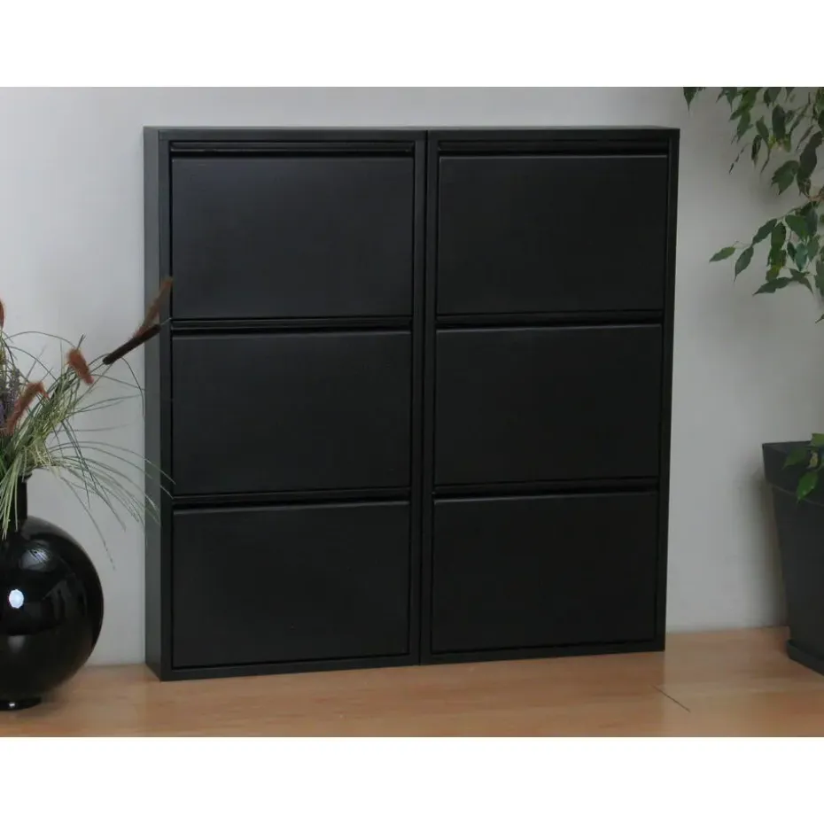 Hioshop Pisa schoenenkast zwart metaal met 3 vakken - set van 2