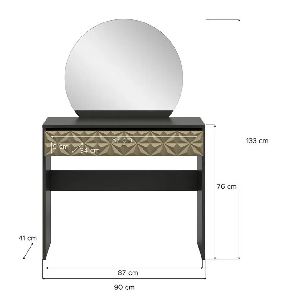 Hioshop Prisma kaptafel 1 lade 1 spiegel zwart- goudkleurig