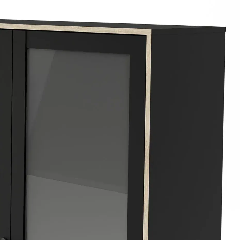 Hioshop Sady vitrinekast 2 glazen deuren- 3 lades mat zwart- eiken decor