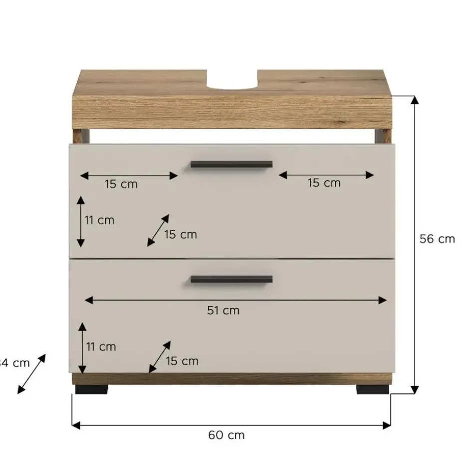 Hioshop Scout wastafel 2 lades kasjmier decor mat- eiken decor