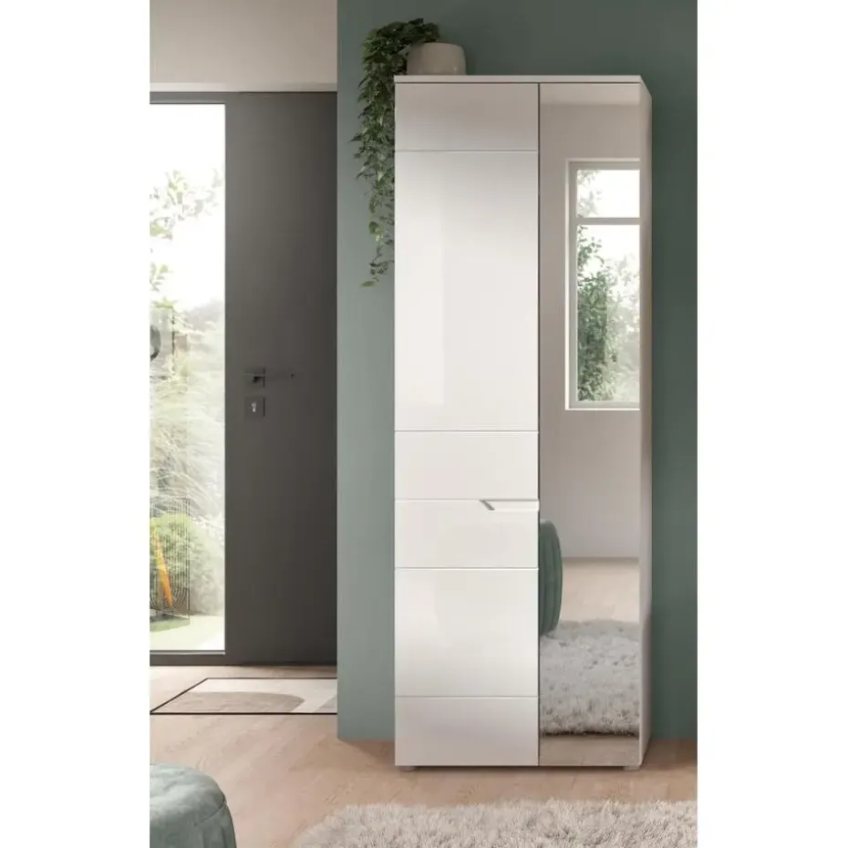 Hioshop Solero kledingkast 1 deur- 1 spiegeldeur wit hoogglans- wit