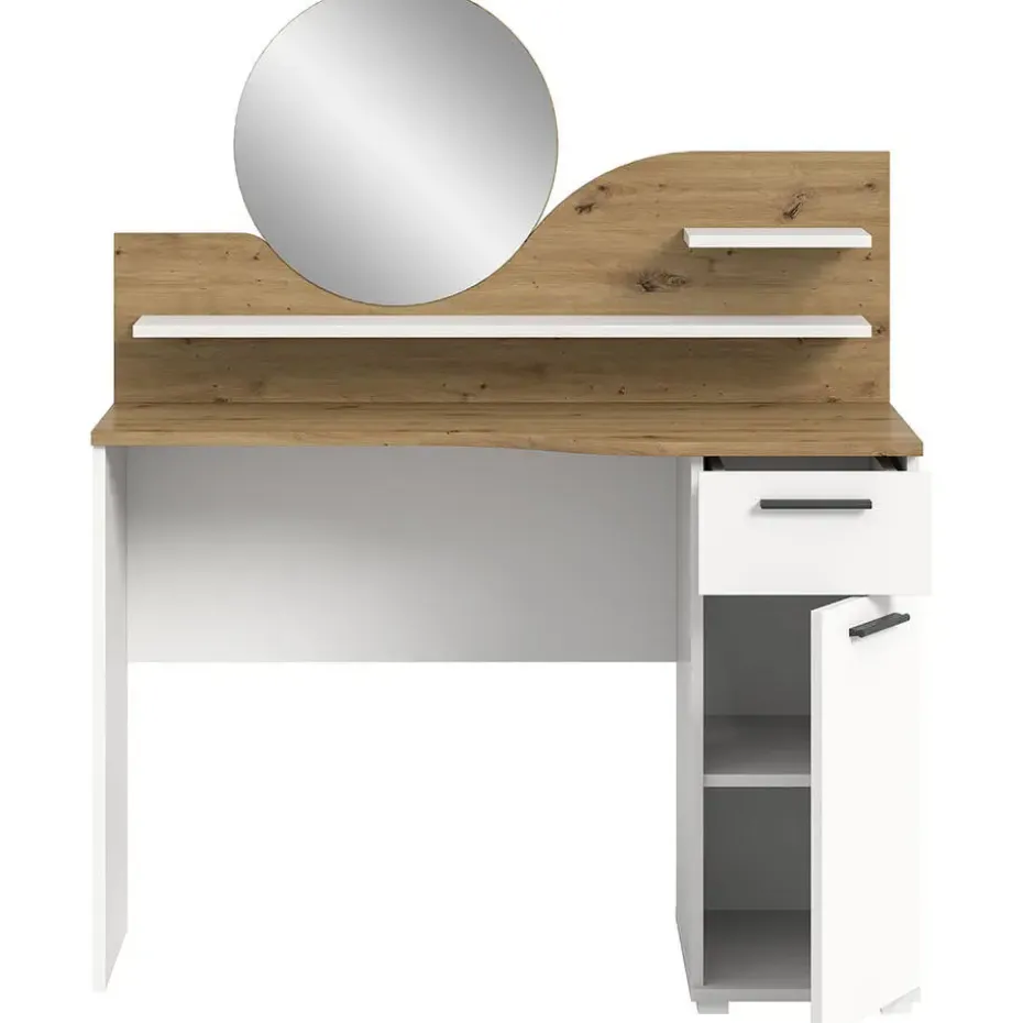 Hioshop Vanity kaptafel met spiegel 1 lade 1 deur 2 planken wit