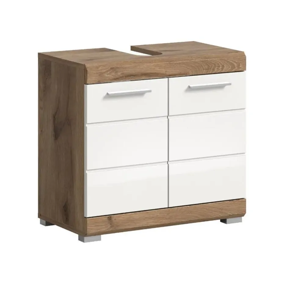 Hioshop Wave wastafel 2 deuren wit hoogglans- eiken decor