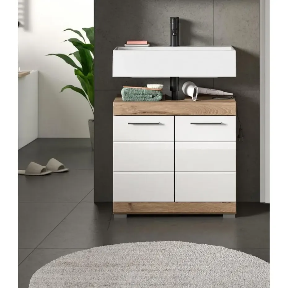 Hioshop Wave wastafel 2 deuren wit hoogglans- eiken decor