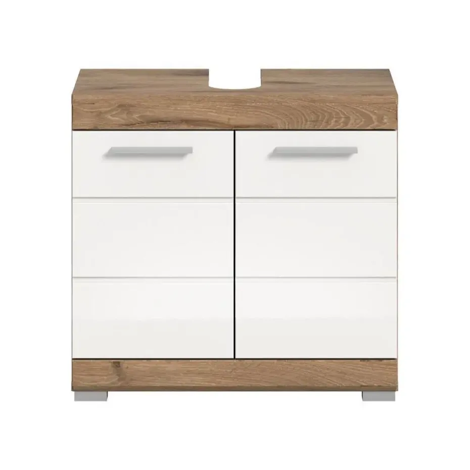 Hioshop Wave wastafel 2 deuren wit hoogglans- eiken decor