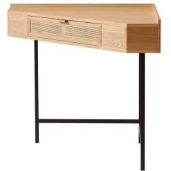 Hoekbureau van hout en rotan met 1 lade en metalen poten