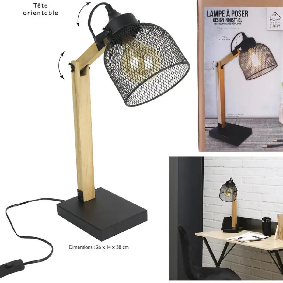 Home deco factory bureaulamp - zwart - metaal en hout - tafellamp