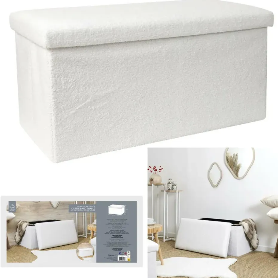 Home Deco Poef - MDF/polyester - Natuurlijk - wit - 76 x 38 cm