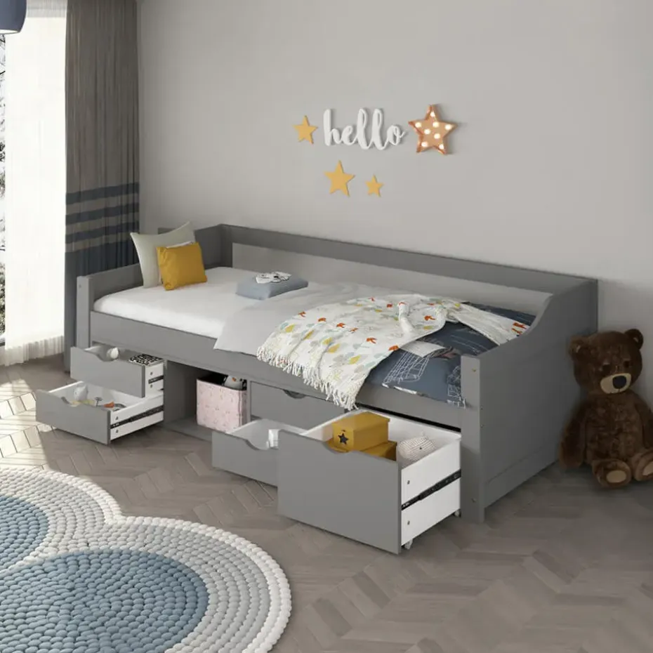 HOME DELUXE COSMOS kinderbed met lades en matras - 90 x 200 cm grijs