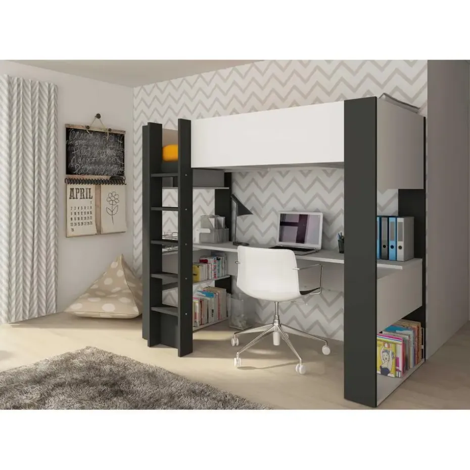 Hoogslaper Beau 90x200 met bureau - wit/grafiet