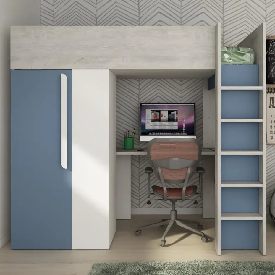 Hoogslaper Beau 90x200 met bureau & kast - donkerblauw
