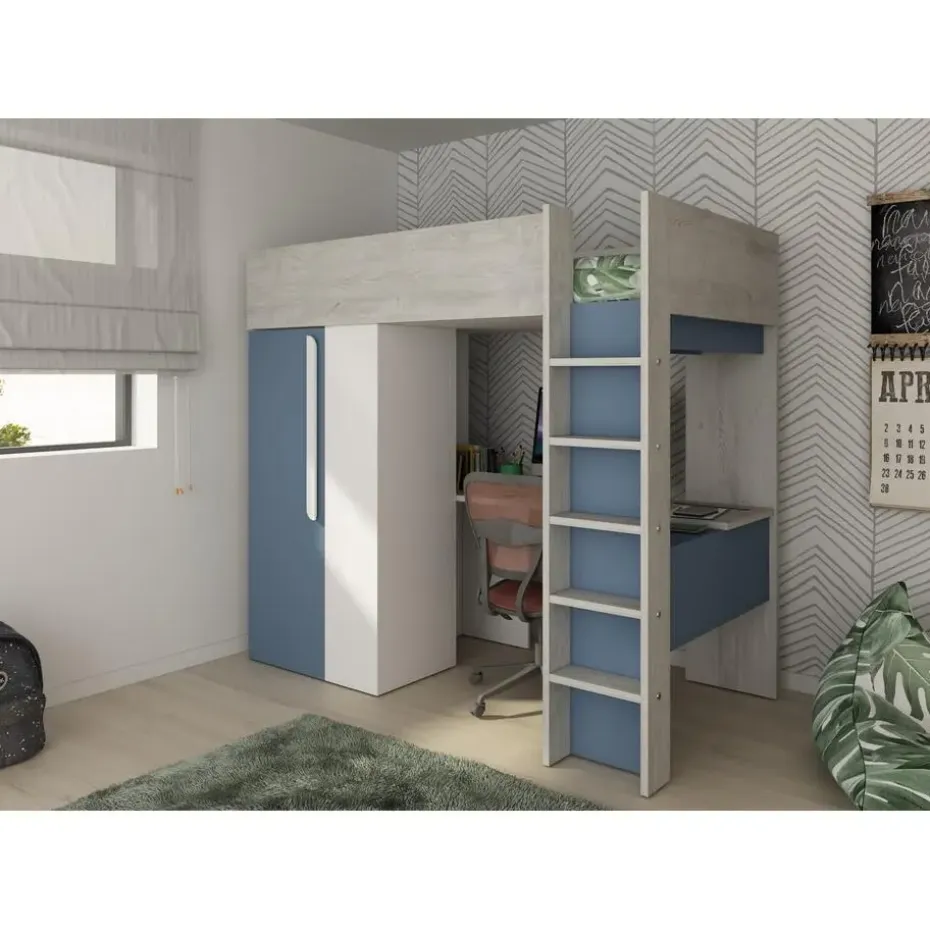 Hoogslaper Beau 90x200 met bureau & kast - donkerblauw