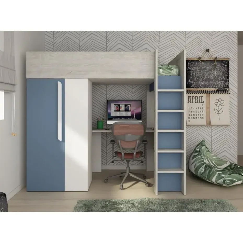 Hoogslaper Beau 90x200 met bureau & kast - donkerblauw