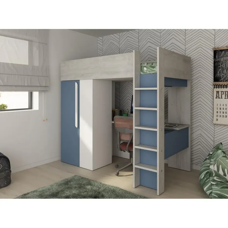 Hoogslaper Beau 90x200 met bureau & kast - donkerblauw