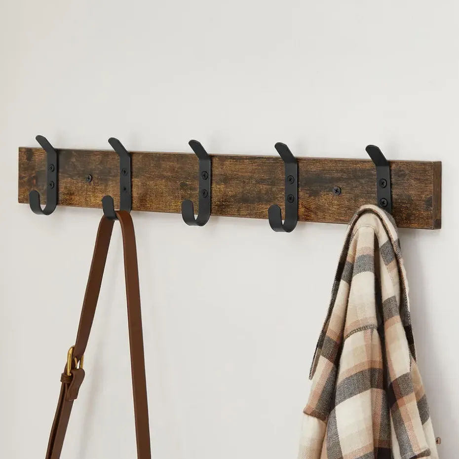 Houten Wandkapstok met 10 Haken - Compacte Muur Kapstok - Vintage Bruin / Zwart