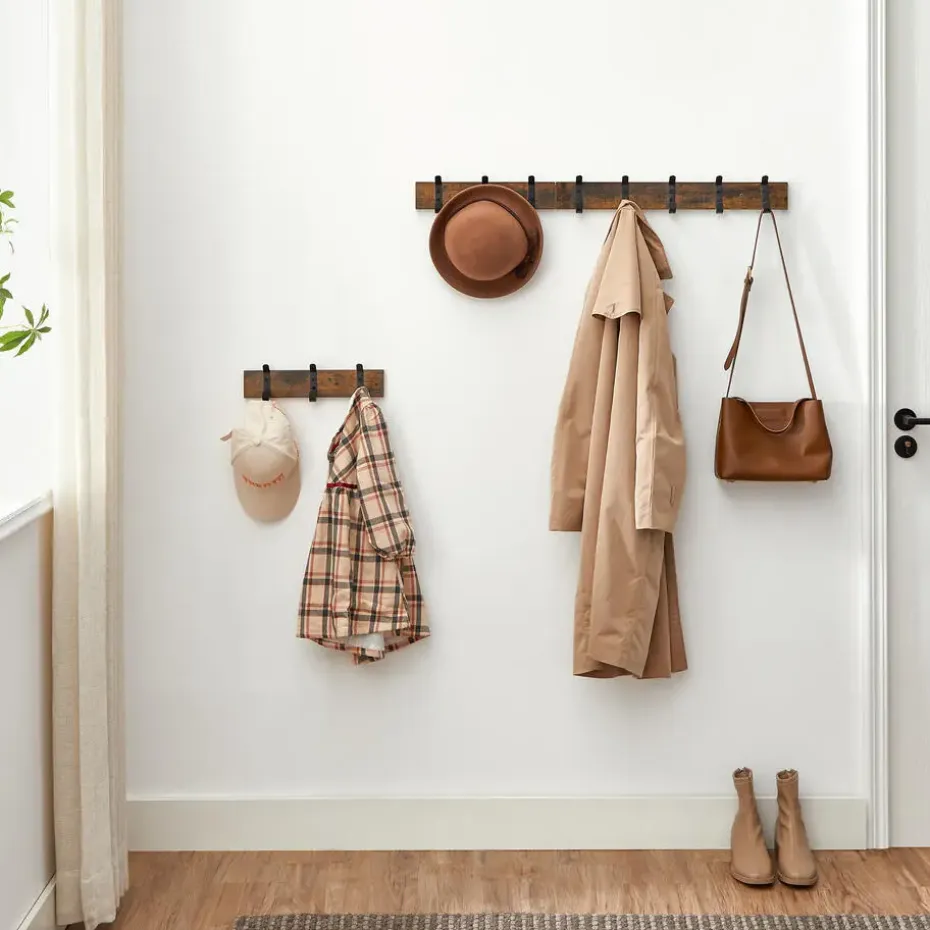 Houten Wandkapstok met 10 Haken - Compacte Muur Kapstok - Vintage Bruin / Zwart