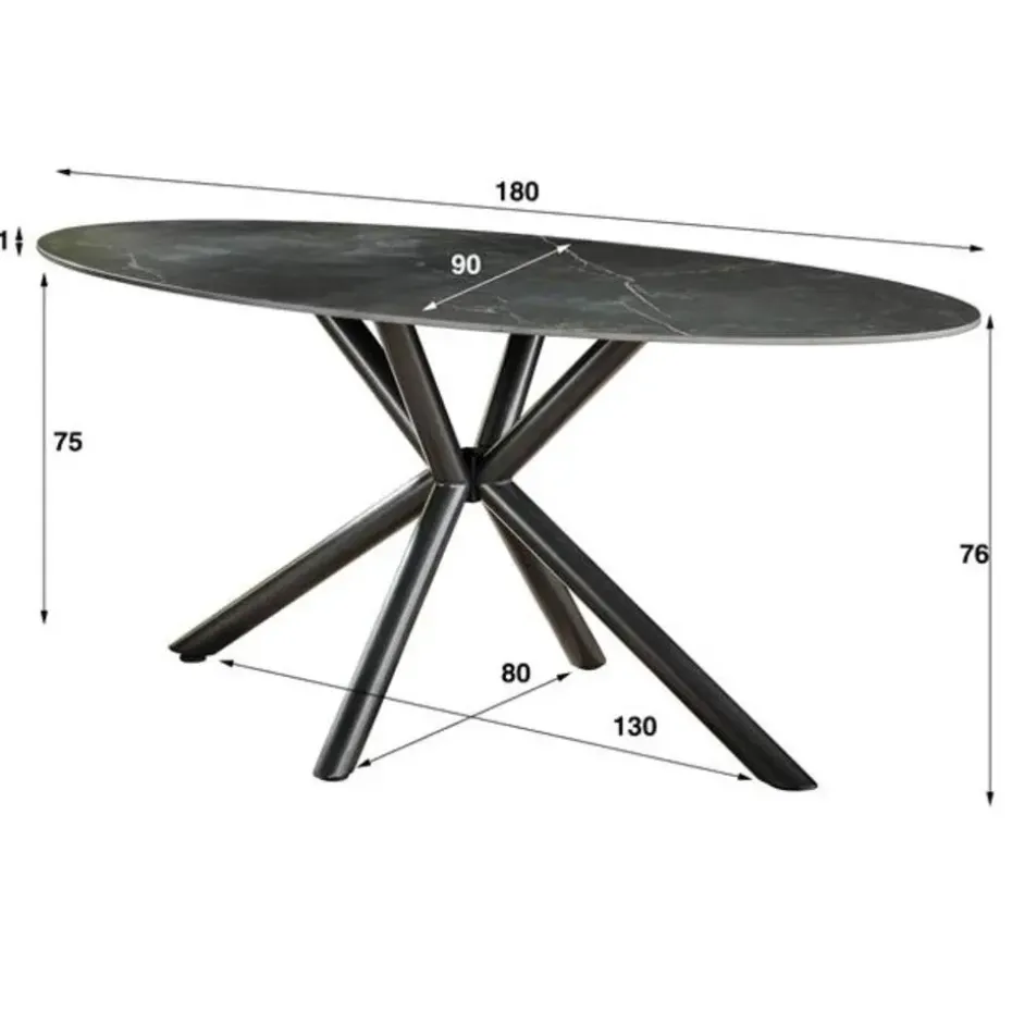 Hoyz - Eetkamertafel 180cm - Ovaal - Keramiek Zwart - 4 Personen