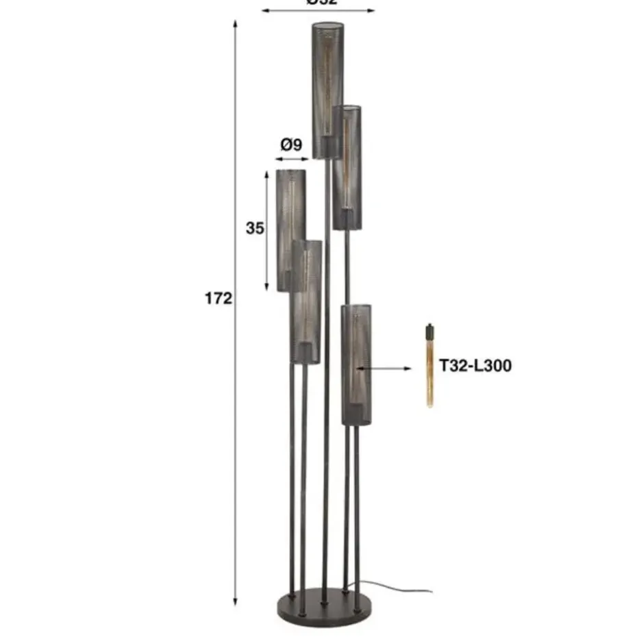 Hoyz Collection - Vloerlamp 5L Getrapt Tube Mesh - Artic Zwart