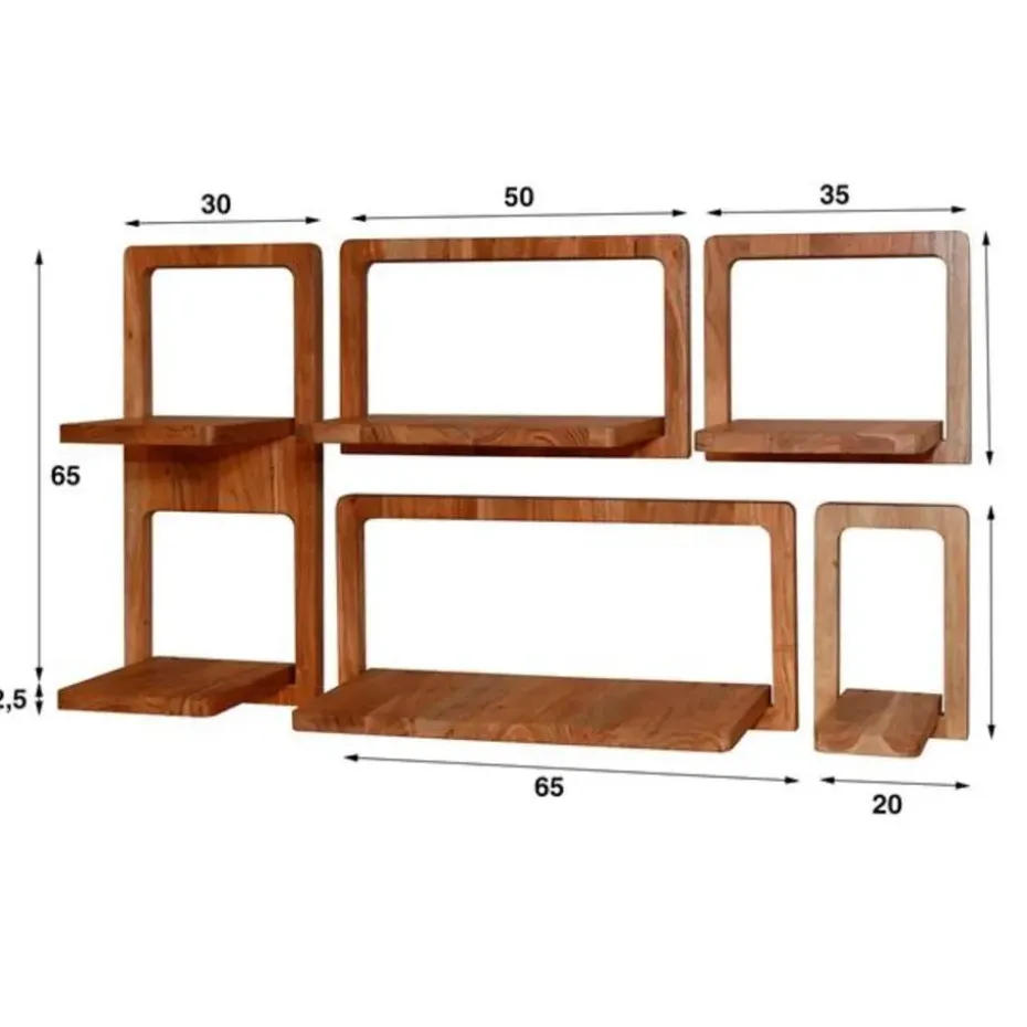 Hoyz Collection - Wandschap Curvy - Massief Acacia Naturel - Set van 5