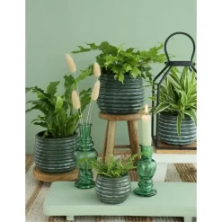 Ideas4seasons Plantenpot ribbel - donkergroen - D14 x H10 cm