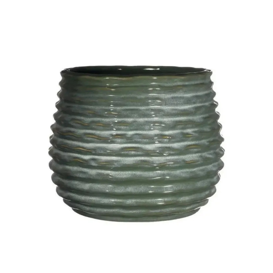 Ideas4seasons Plantenpot ribbel - donkergroen - D16 x H13 cm