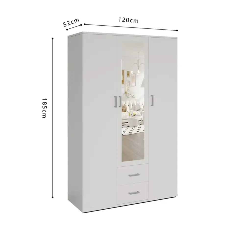 Interiax Kledingkast 'Lena' - Wit - 3 Deurs - 185x120x52cm