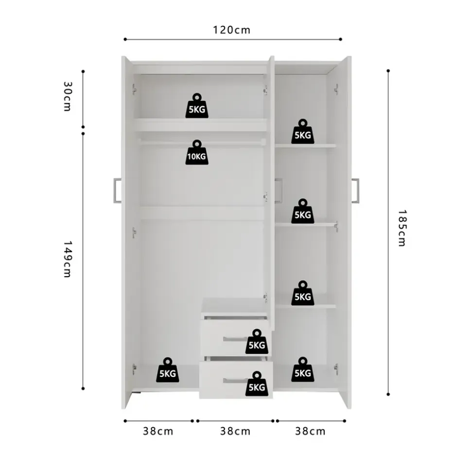 Interiax Kledingkast 'Lena' - Wit - 3 Deurs - 185x120x52cm