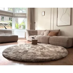 Interieur05 Rond Hoogpolig vloerkleed Odelia beige/wit - 200 x 200 cm