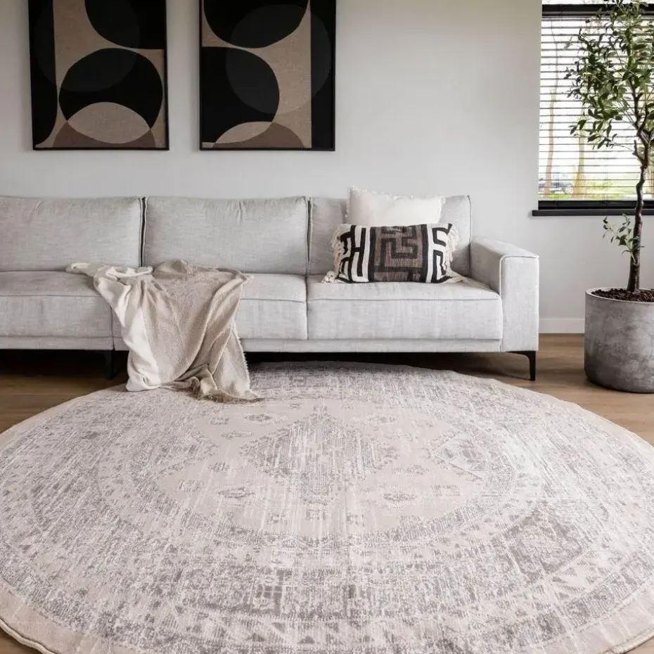 Interieur05 rond vintage Aila vloerkleed zand/beige - 240 x 240 cm