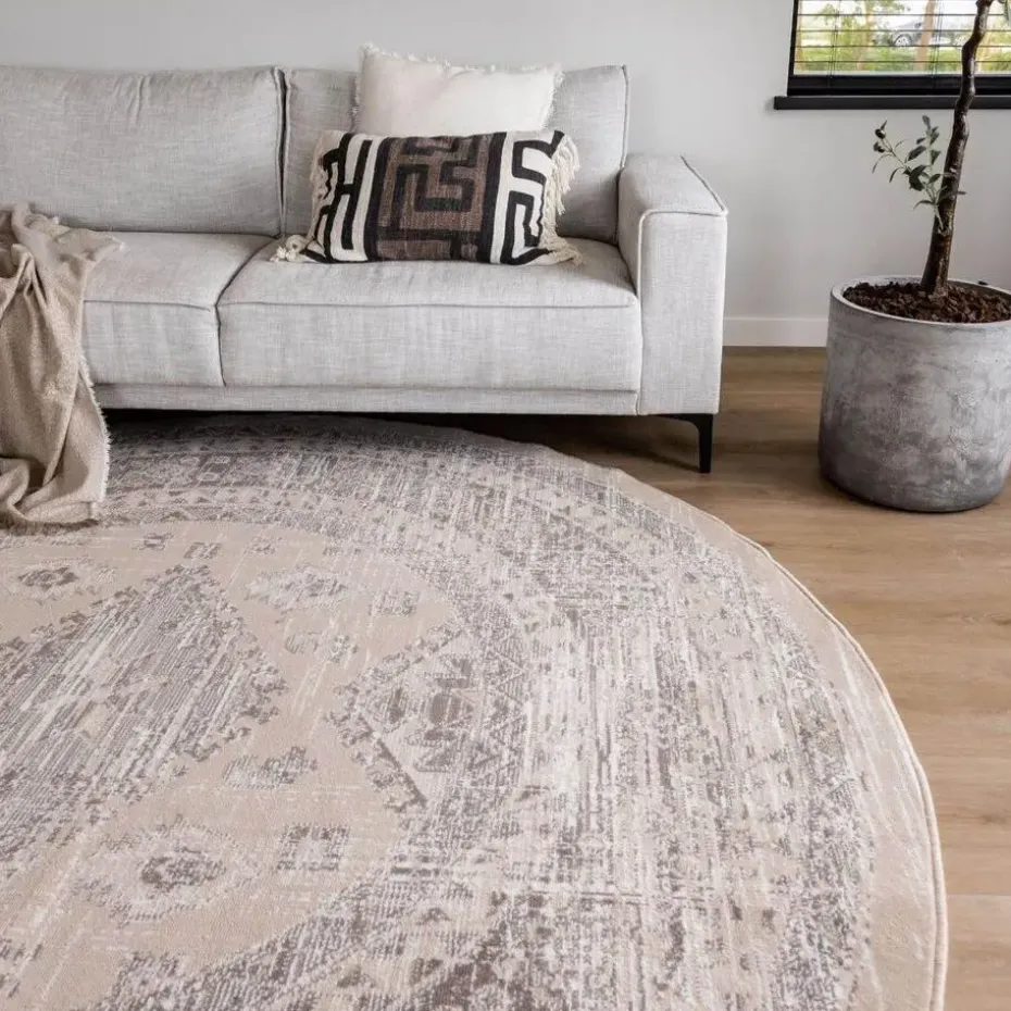 Interieur05 rond vintage Aila vloerkleed zand/beige - 120 x 120 cm