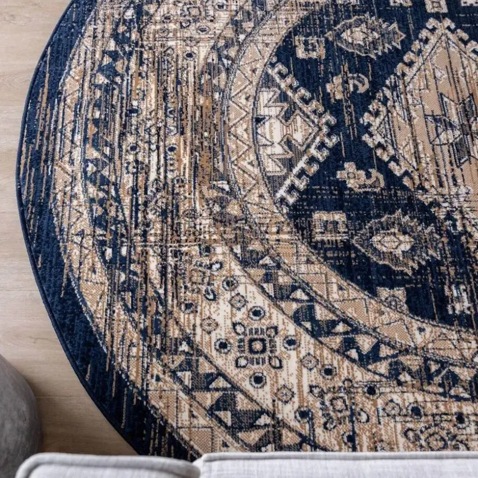 Interieur05 rond vintage vloerkleed Aila blauw - 160 x 160 cm