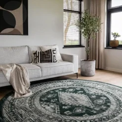 Interieur05 rond vintage vloerkleed Aila groen - 190 x 190 cm