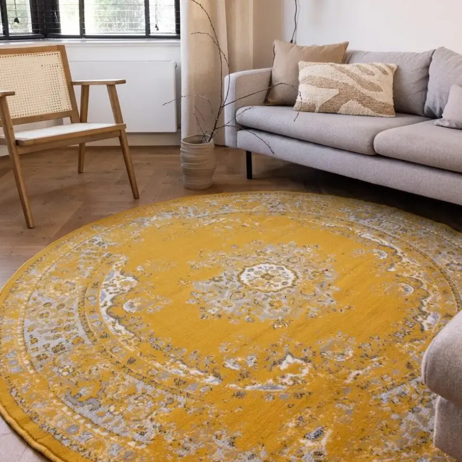 Interieur05 rond vloerkleed Keshan geel - 190 x 190 cm