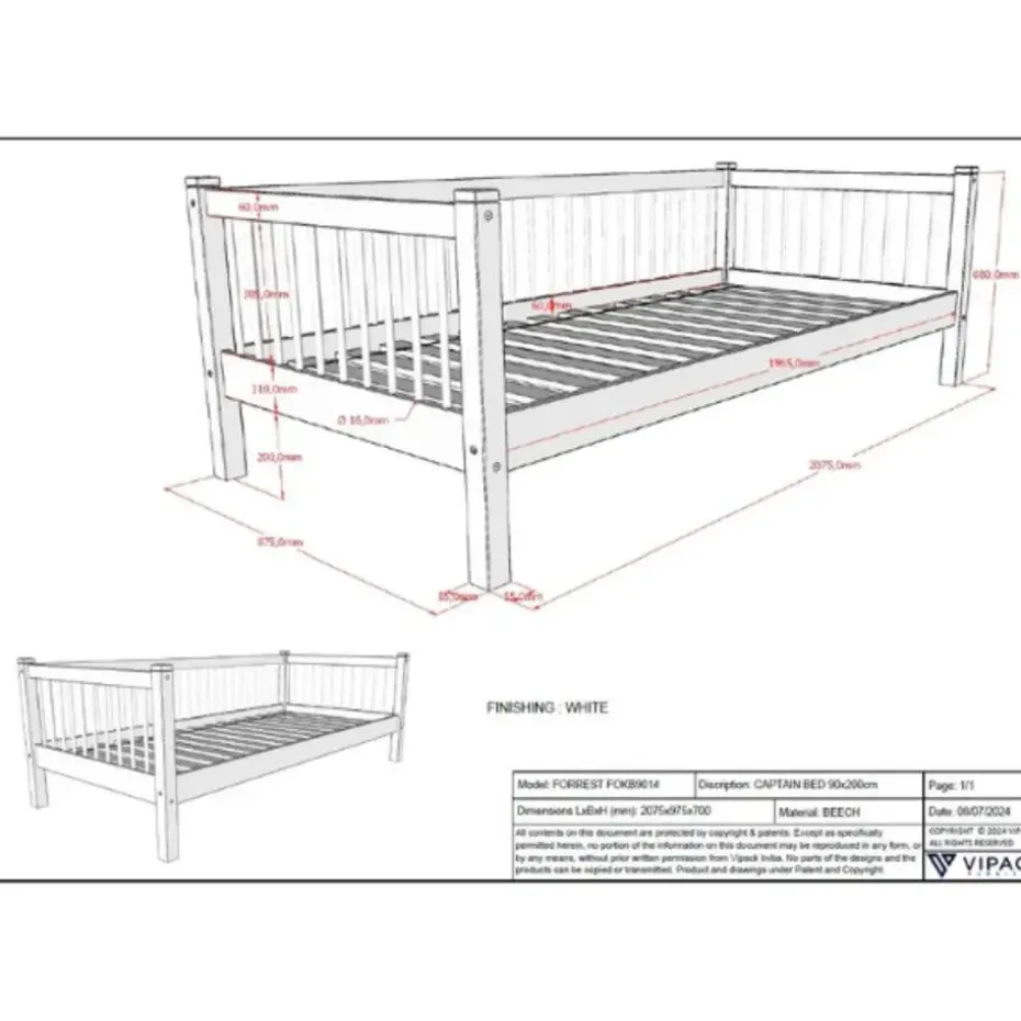 Kajuitbed Forrest 90x200 cm - massief beukenhout - wit