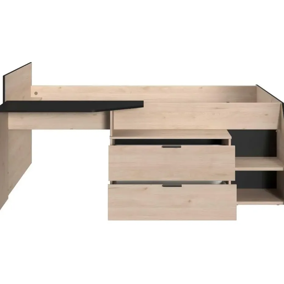 Kajuitbed Milky met bureau en lades - zwart/eik