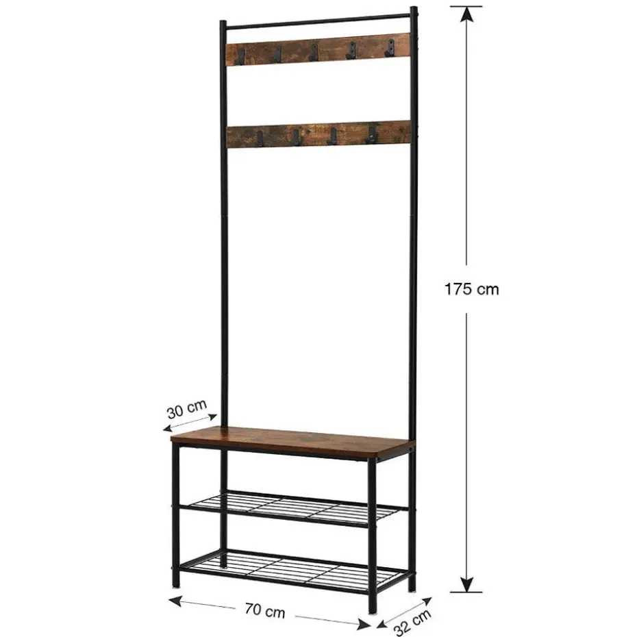 Kapstok met 9 Haken en Schoenenrek - 70x32x175cm - Zwart en Vintage bruin