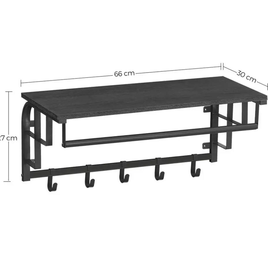 Kapstok met Plank - Hangende Wandkapstok - 66cm - Zwart